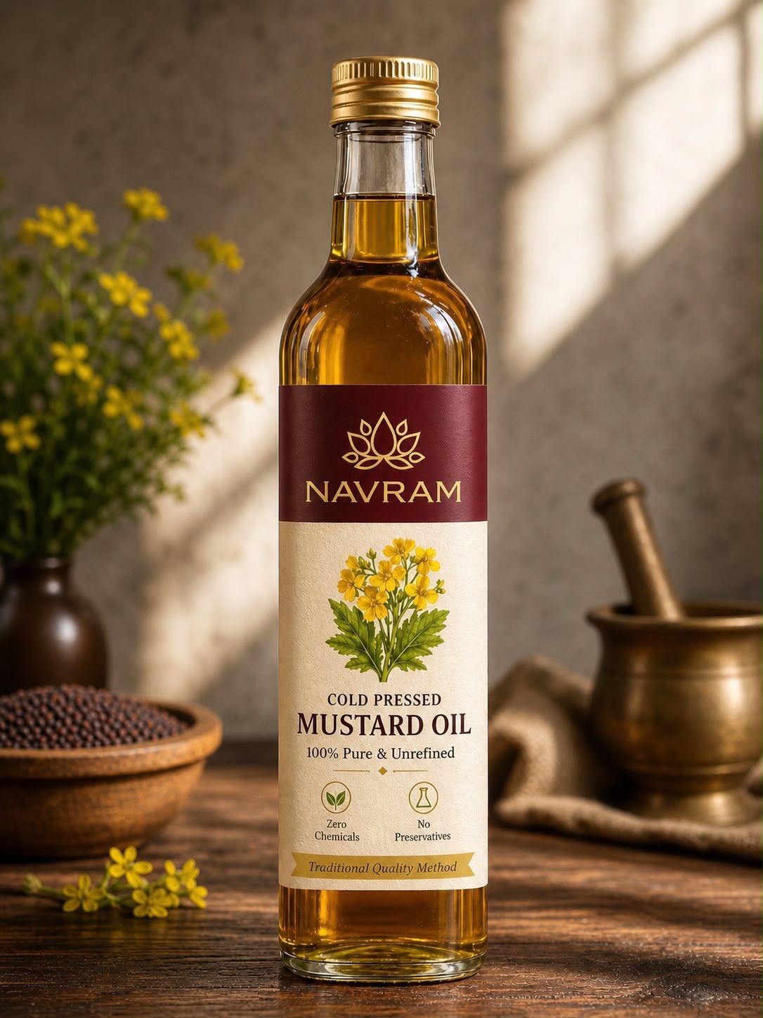 Navram Cold-Pressed Mustard Oil bottle label, showing Kachi Ghani, 100% Pure Natural and Unrefined, net quantity 1 Litre
